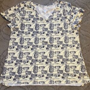 LuLaRoe Cream V-Neck Tee with Black Camera Print